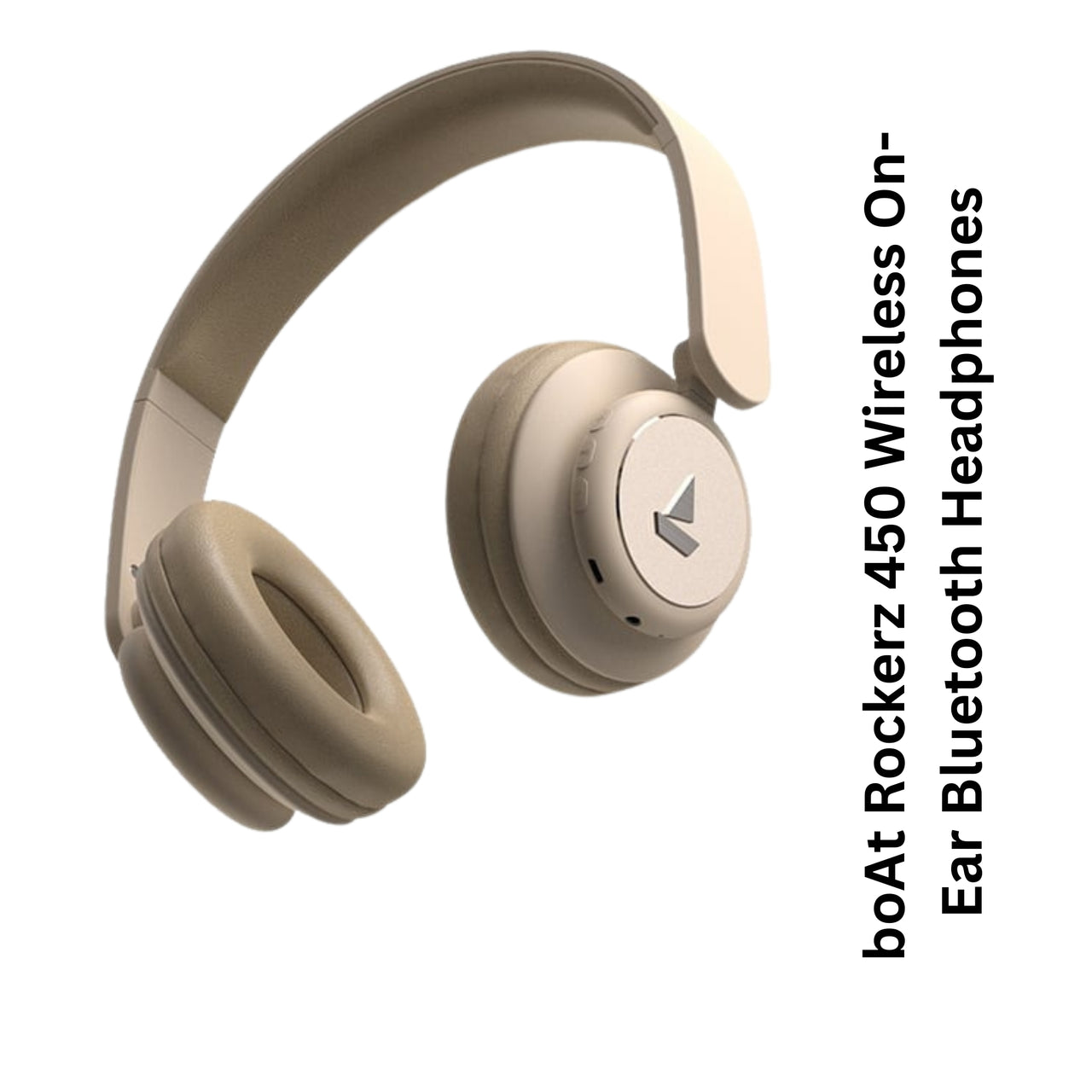 Beige Bluetooth headphones with brand name on a white background