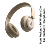 Beige Bluetooth headphones with brand name on a white background