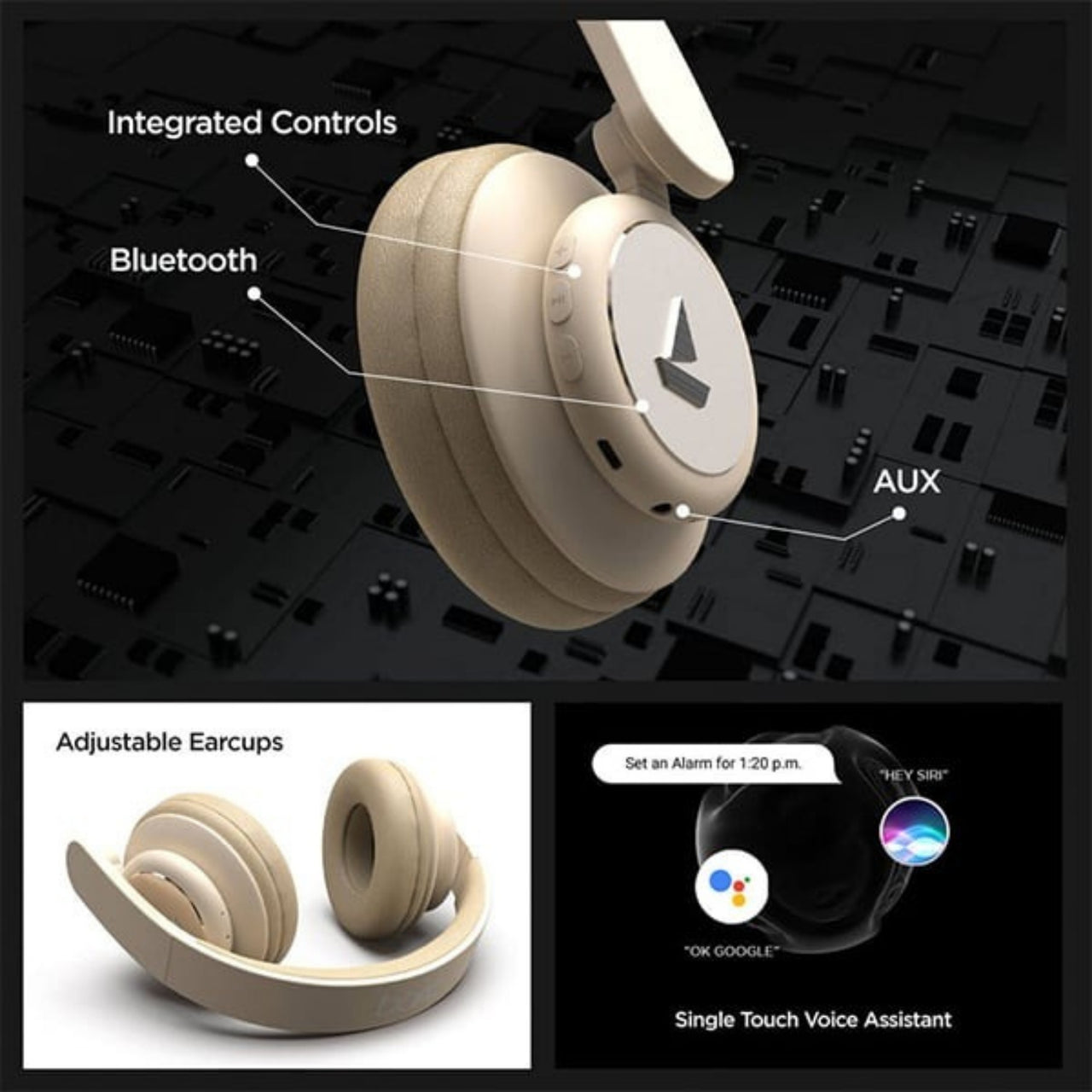 Beige headphones with labeled features on a black background