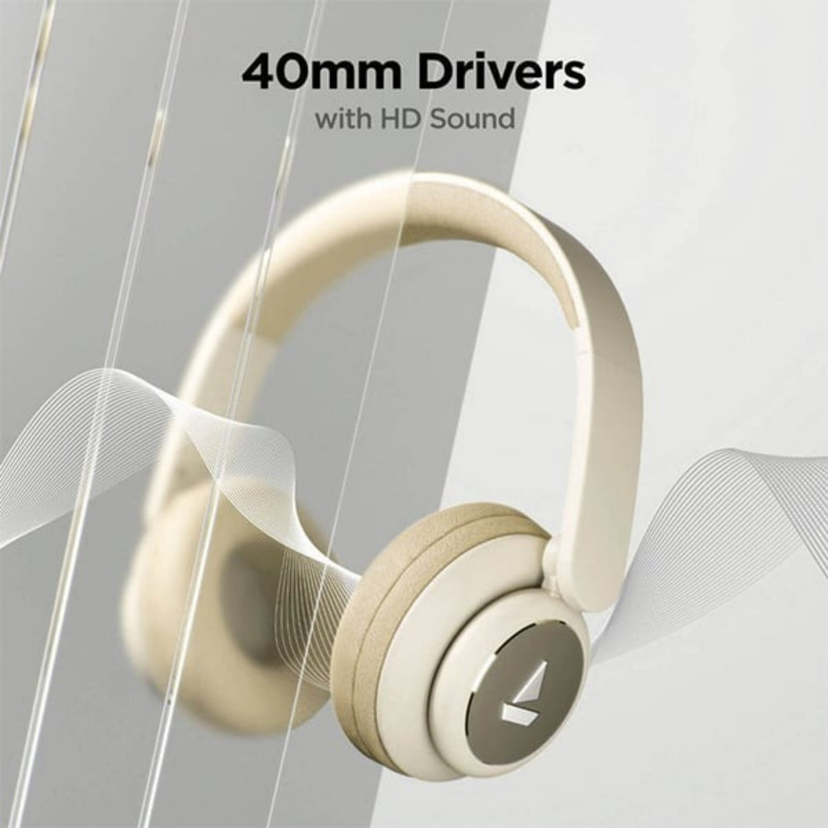 Beige headphones with '40mm Drivers with HD Sound' text on a gray background