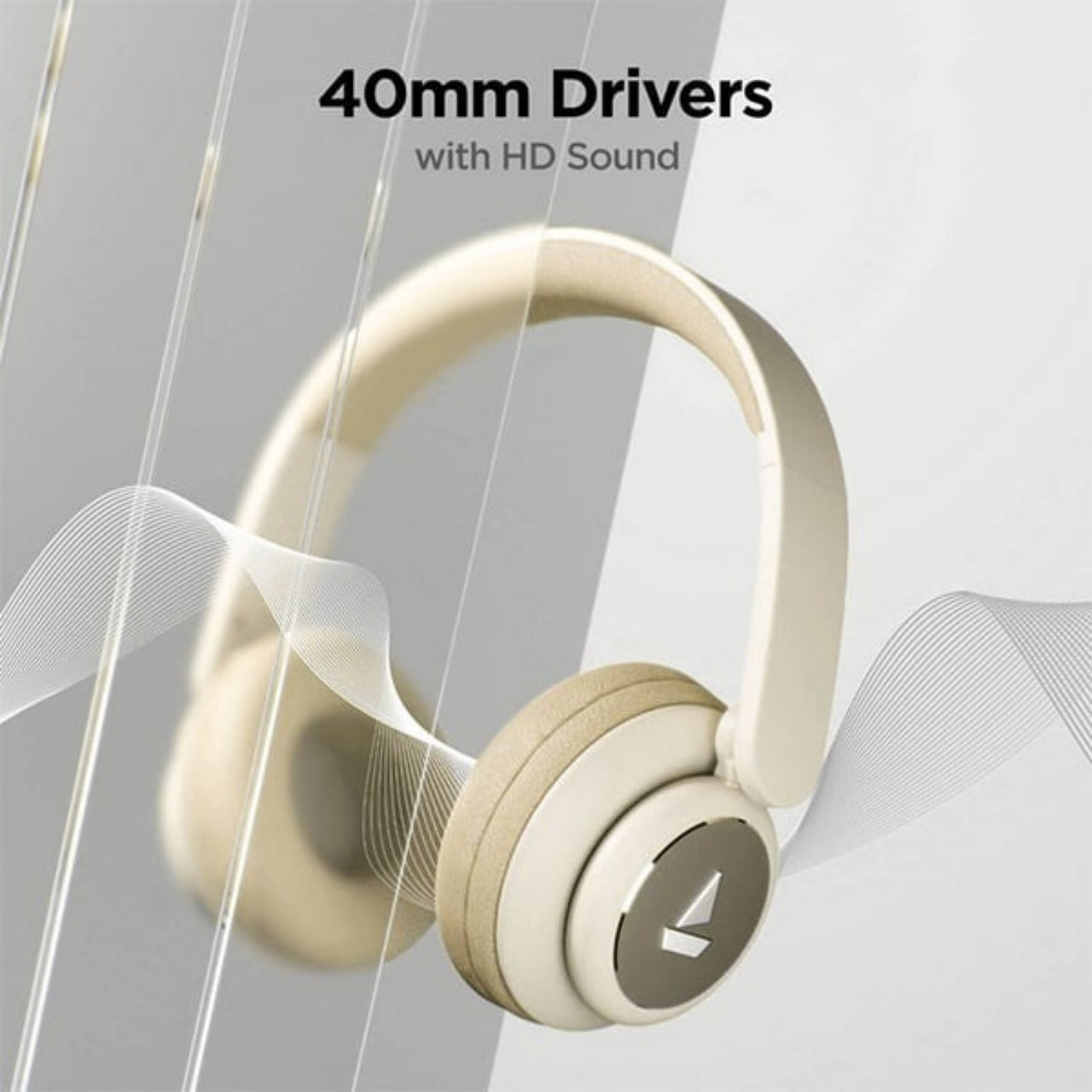 Beige headphones with '40mm Drivers with HD Sound' text on a gray background