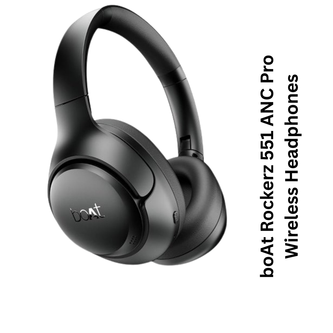 Black wireless headphones with boAt branding on a white background