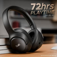 Black headphones with '72hrs Playtime' text on a blurred background