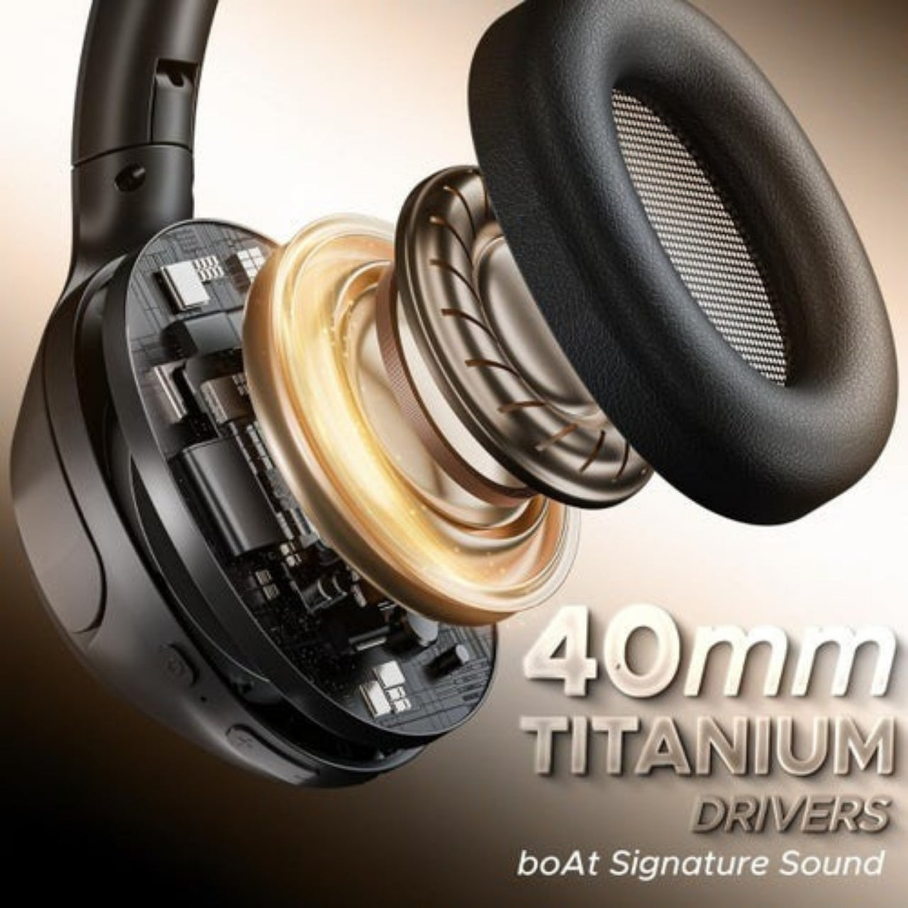 Close-up of a pair of headphones with 40mm titanium drivers, featuring boAt branding.