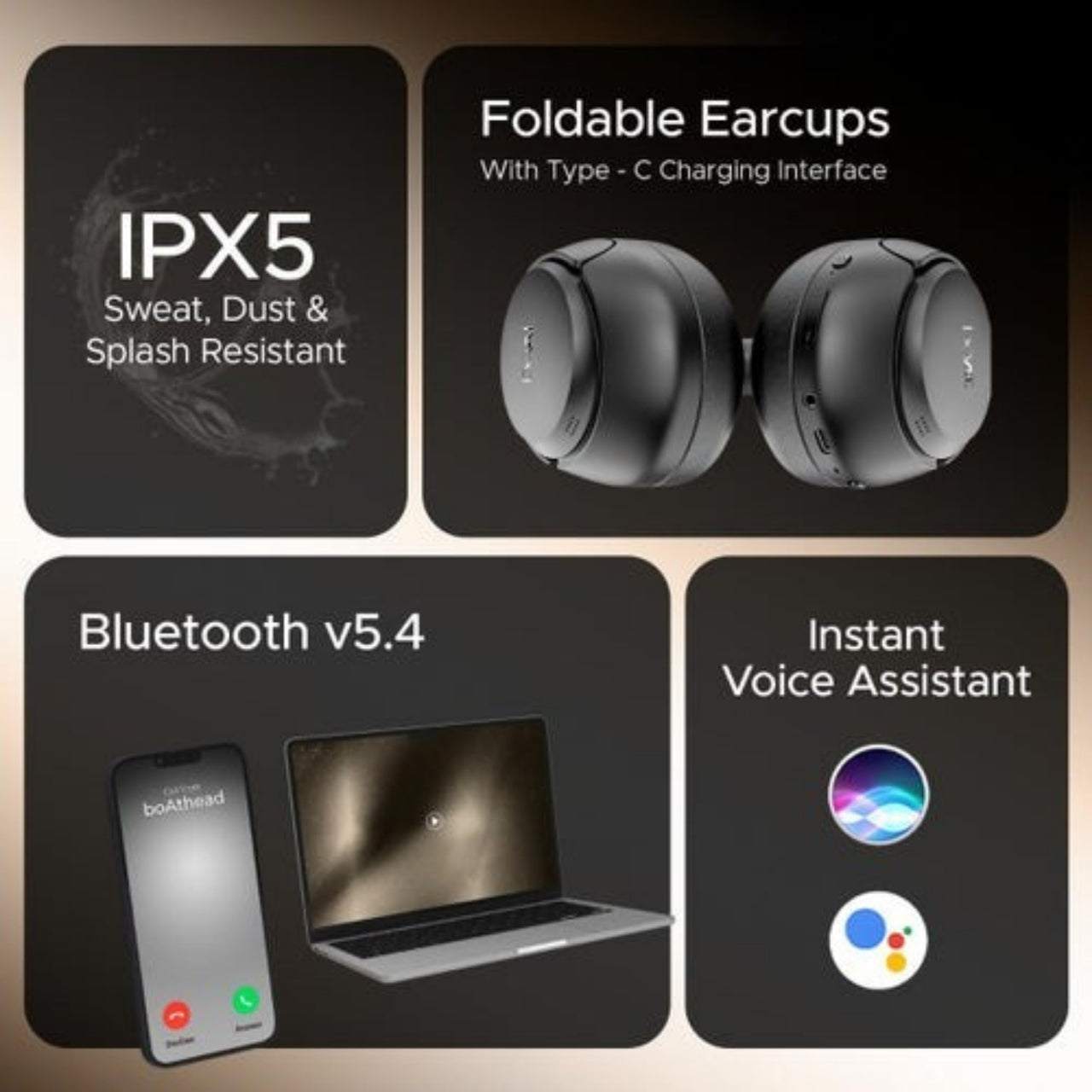 Collage of foldable earcups with features highlighted on a dark background