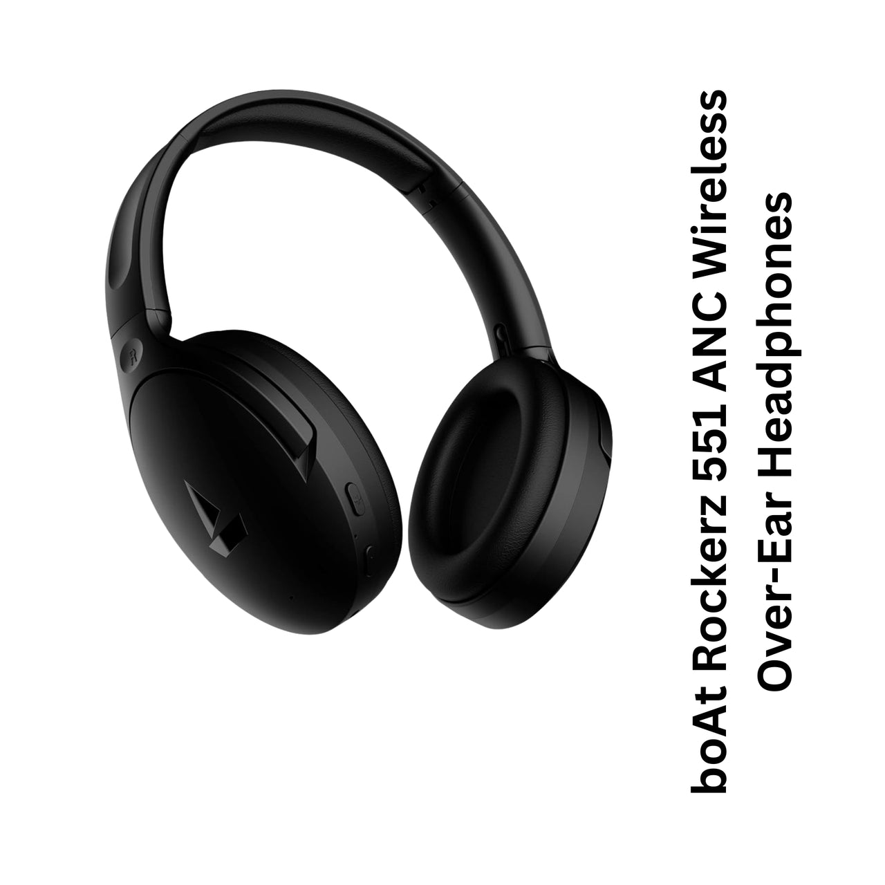 Black over-ear headphones with text on a white background
