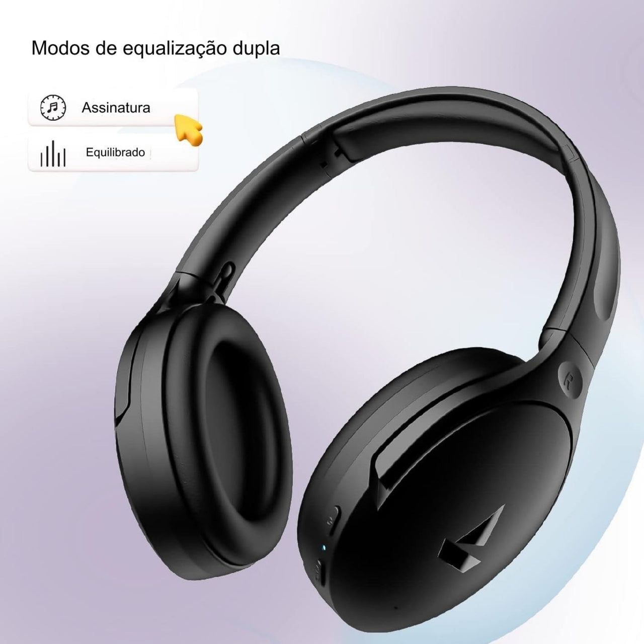 Black over-ear headphones with equalization mode options on a gradient background