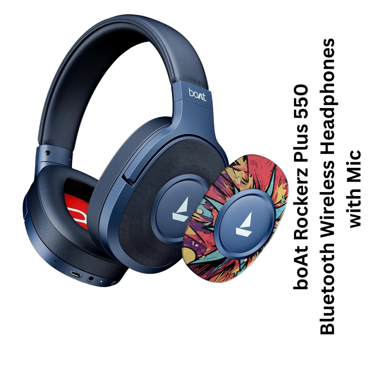 Blue Bluetooth wireless headphones with a colorful control, branded as boAt, on a white background.