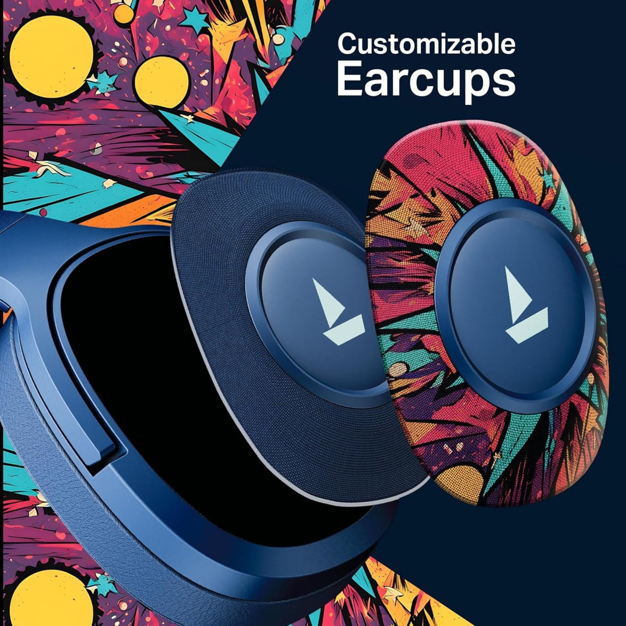 Colorful customizable earcups with a brand logo on a dark background