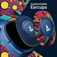 Colorful customizable earcups with a brand logo on a dark background
