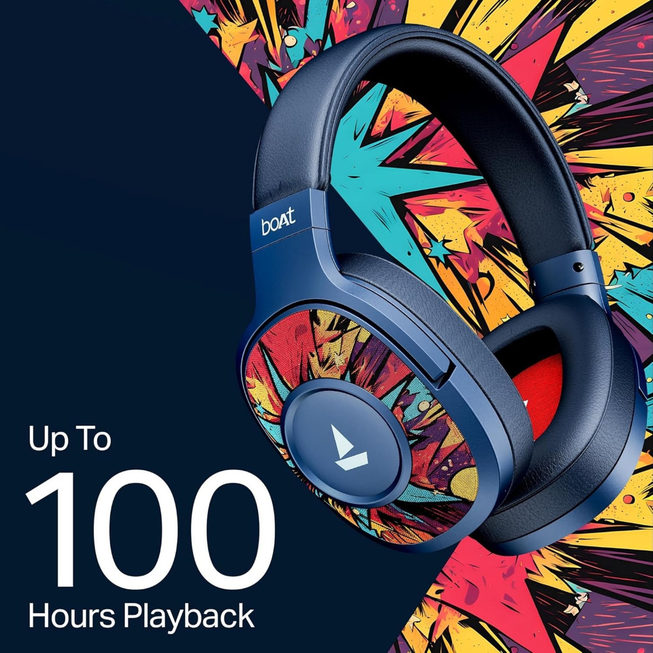 Blue headphones with colorful design on a dark background, featuring the brand 'beat'.