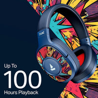 Blue headphones with colorful design on a dark background, featuring the brand 'beat'.