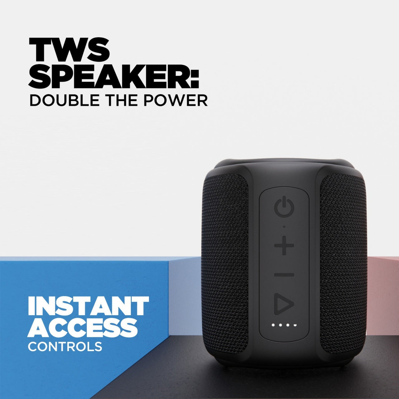 Black TWS speaker with control buttons on a light gray background