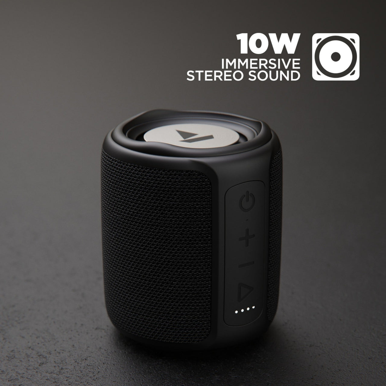 Black portable speaker with '10W Immersive Stereo Sound' text on a dark background