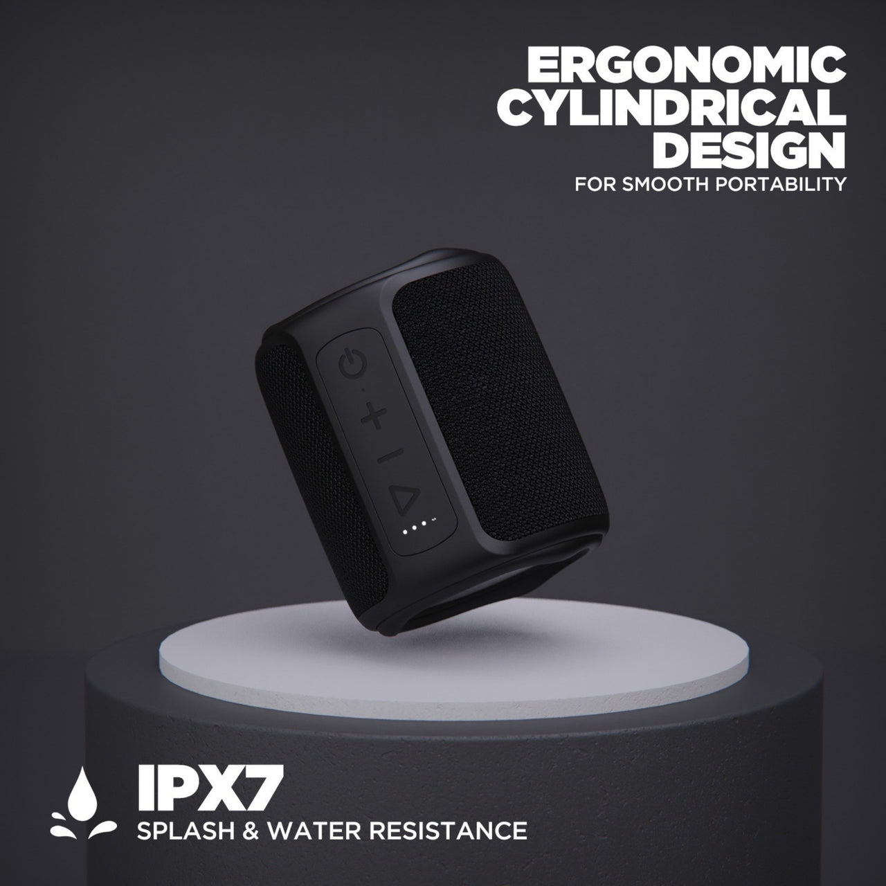Black cylindrical speaker on a gray platform with text about ergonomic design and IPX7 water resistance on a dark background.