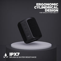 Black cylindrical speaker on a gray platform with text about ergonomic design and IPX7 water resistance on a dark background.