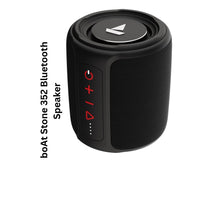 Black Bluetooth speaker with brand logo on a white background