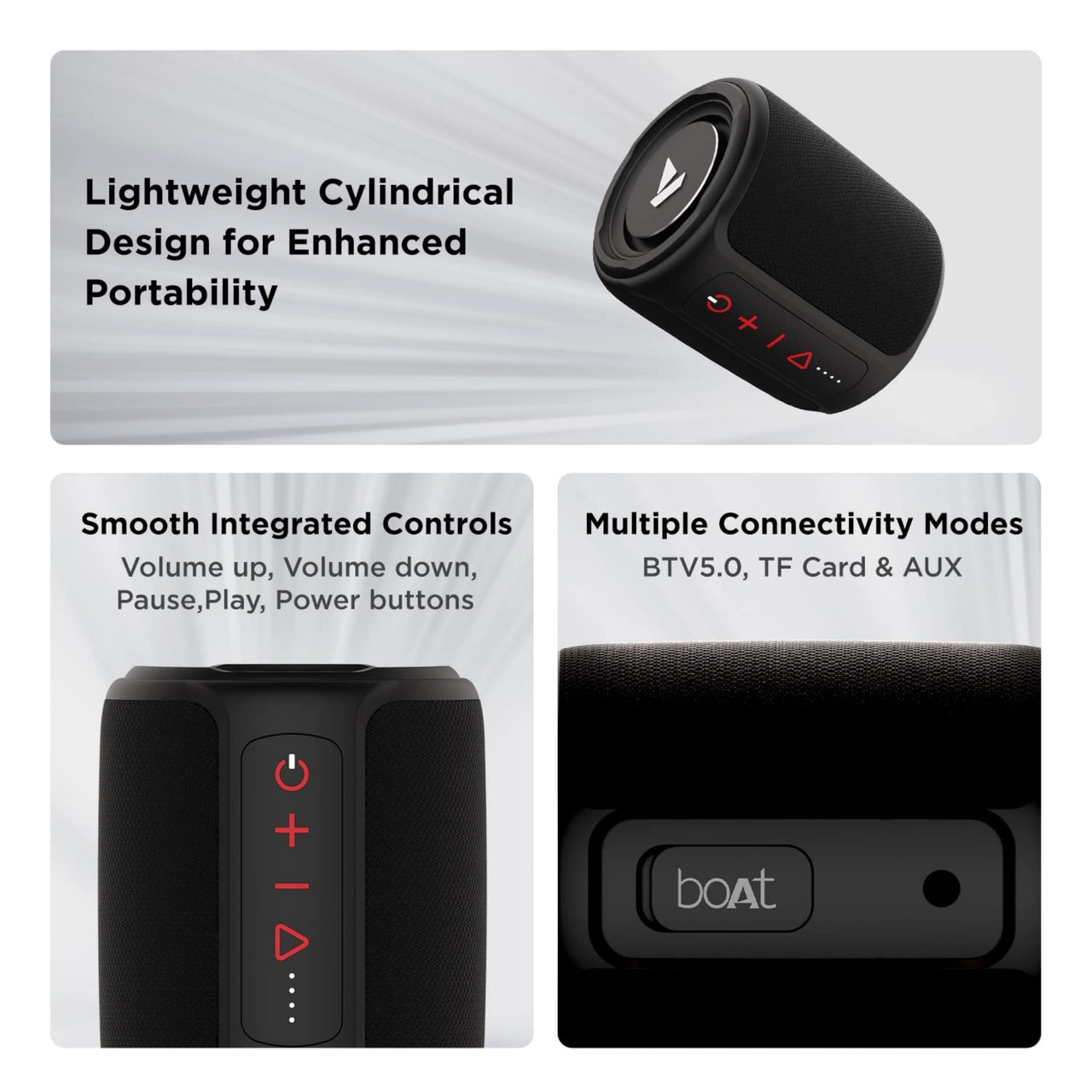 Black cylindrical Bluetooth speaker with control buttons and branding on a white background