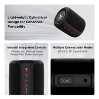 Black cylindrical Bluetooth speaker with control buttons and branding on a white background