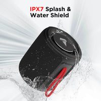 Black and red portable speaker with water splash effects and 'IPX7 Splash & Water Shield' text.