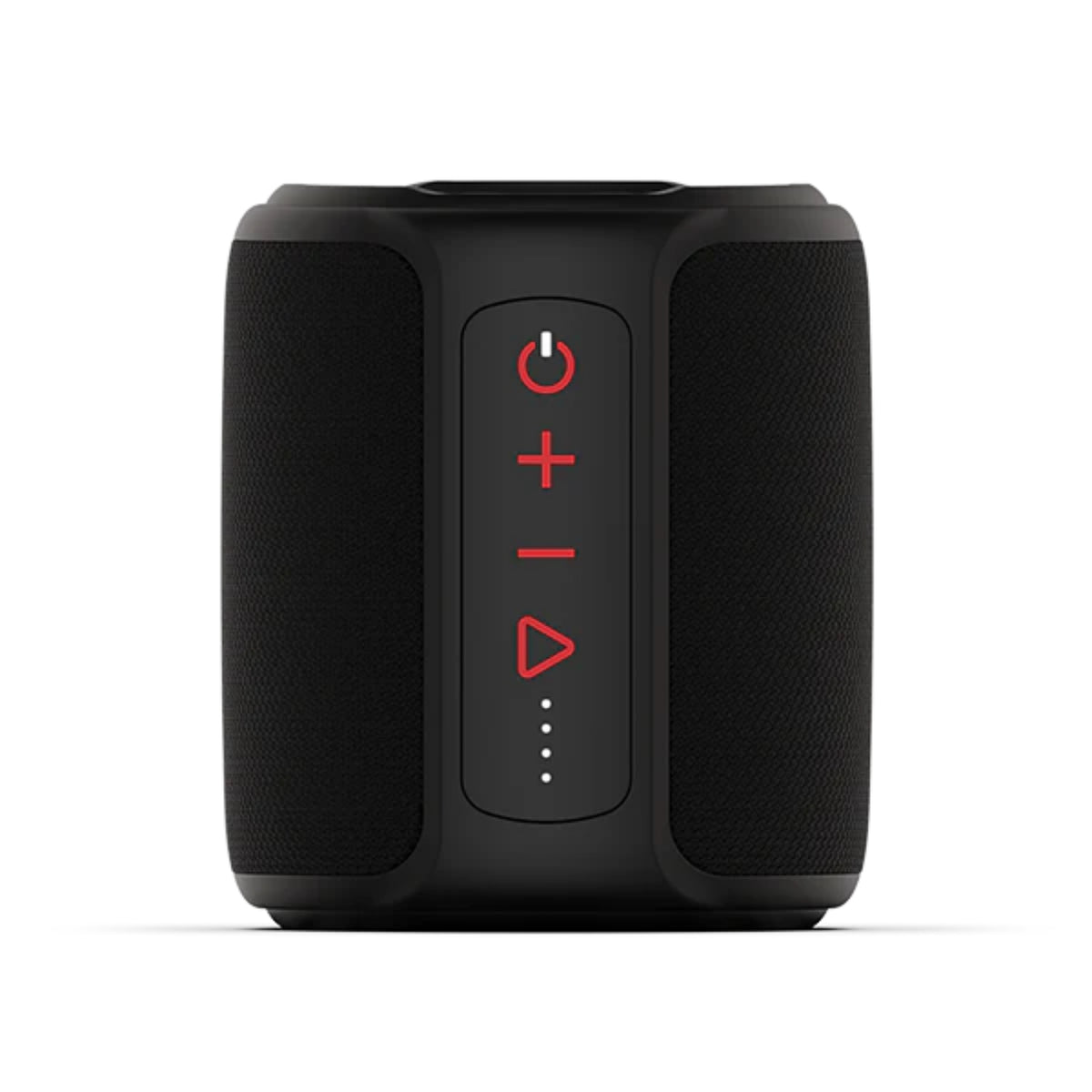 Black portable speaker with control buttons on a white background
