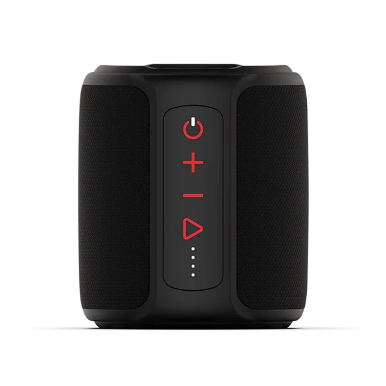 Black portable speaker with control buttons on a white background