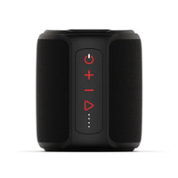 Black portable speaker with control buttons on a white background