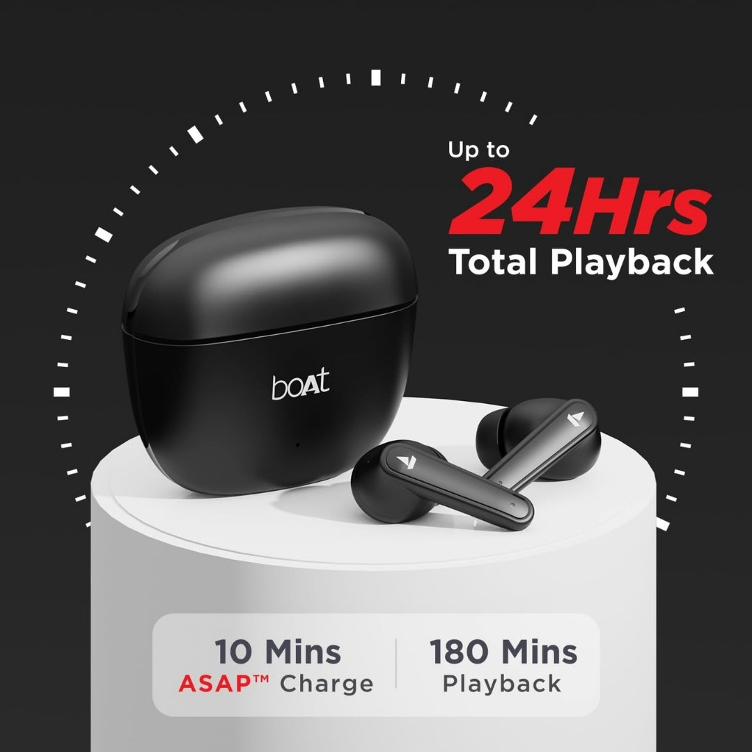 Black wireless earbuds with charging case on a white platform, featuring 'boat' branding and playback time information.