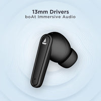 Black wireless earbuds with '13mm Drivers boAt Immersive Audio' text on a light blue background