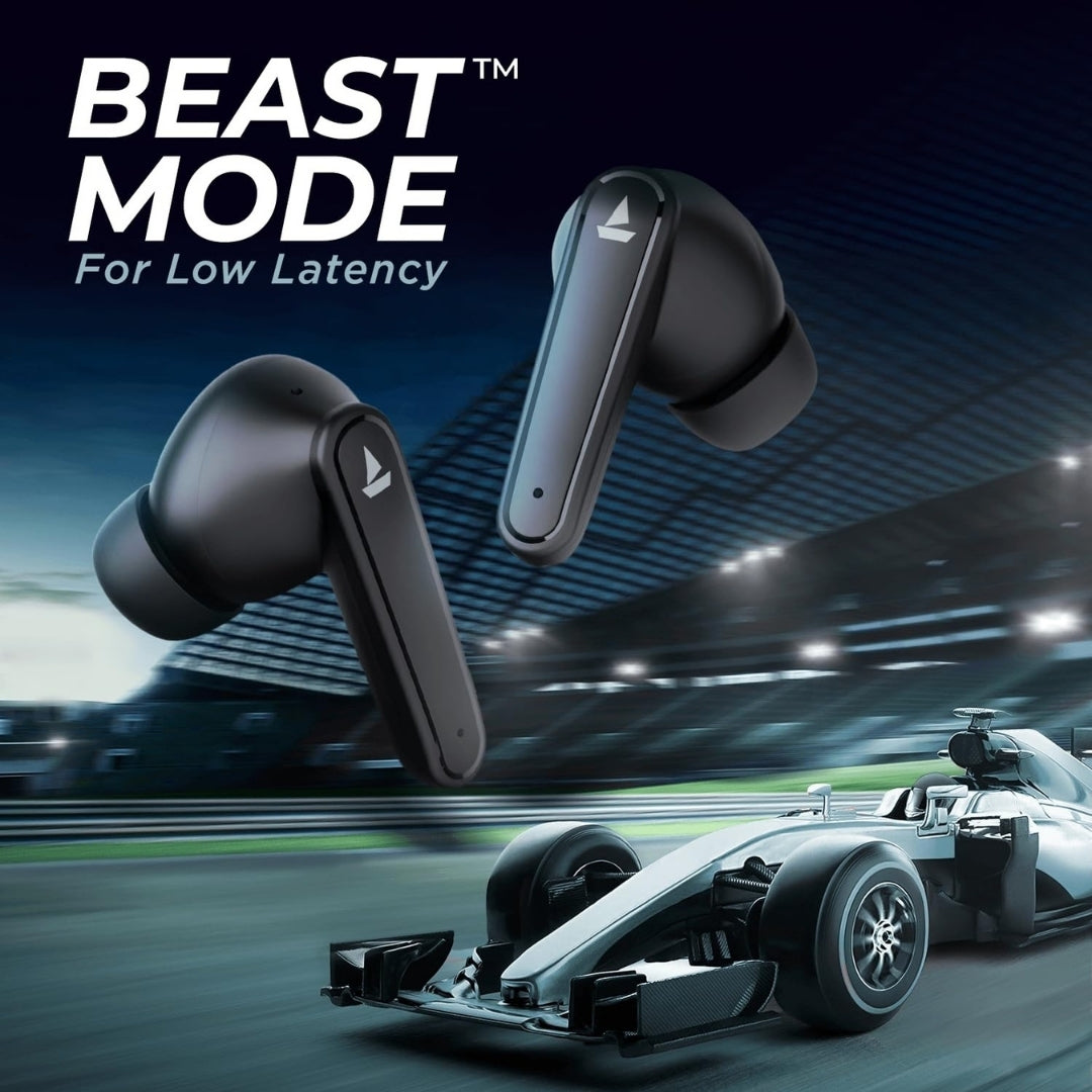 Black wireless earbuds with 'Beast Mode' text, racing car in the background