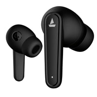 Black wireless earbuds with a brand logo on a white background