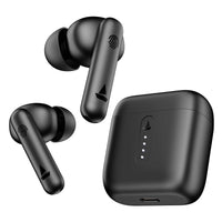 Black wireless earbuds with charging case on a white background