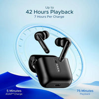Black wireless earbuds with charging case on a blue background with text about battery life.
