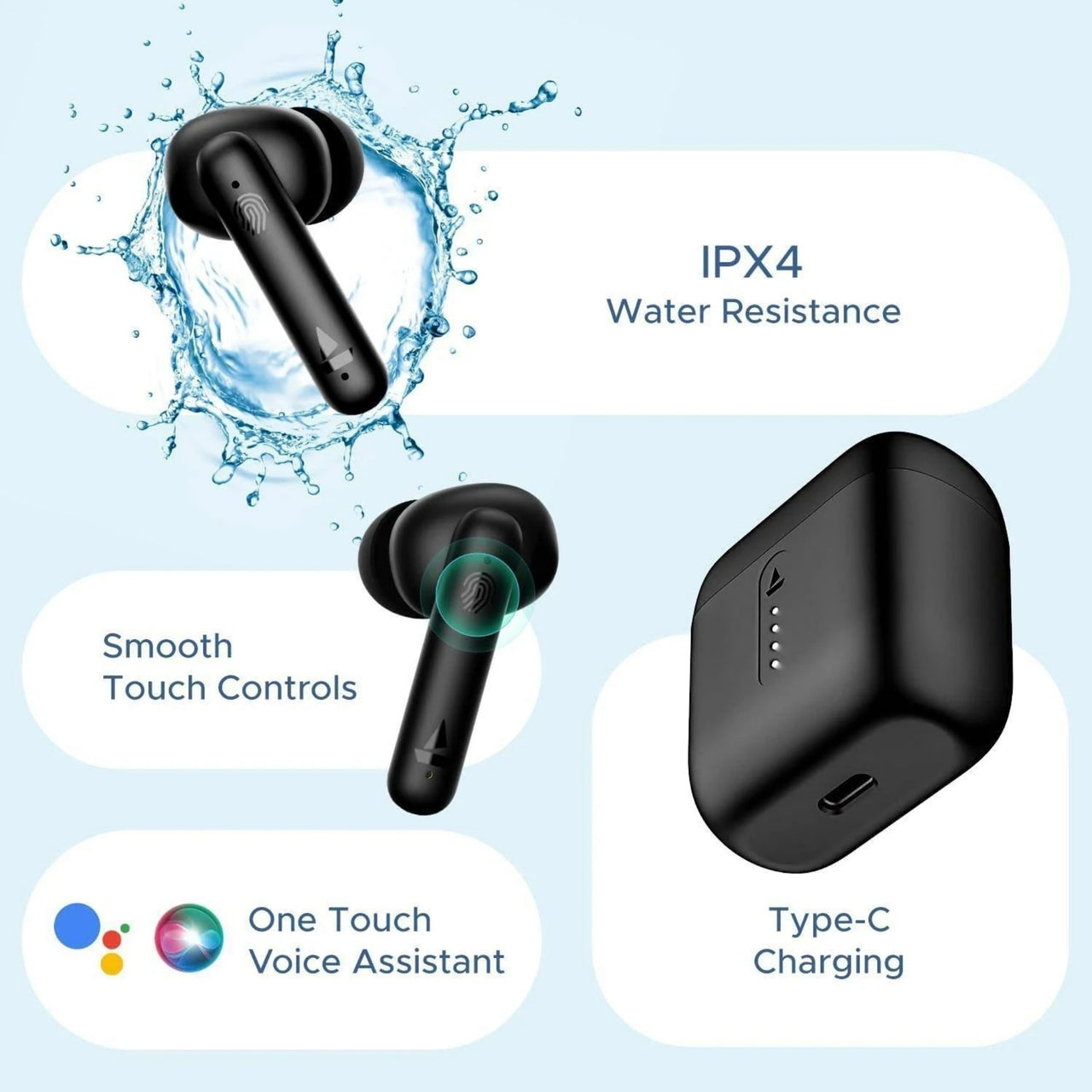 Black wireless earbuds with charging case on a light blue background, featuring water resistance and other features.
