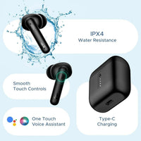 Black wireless earbuds with charging case on a light blue background, featuring water resistance and other features.