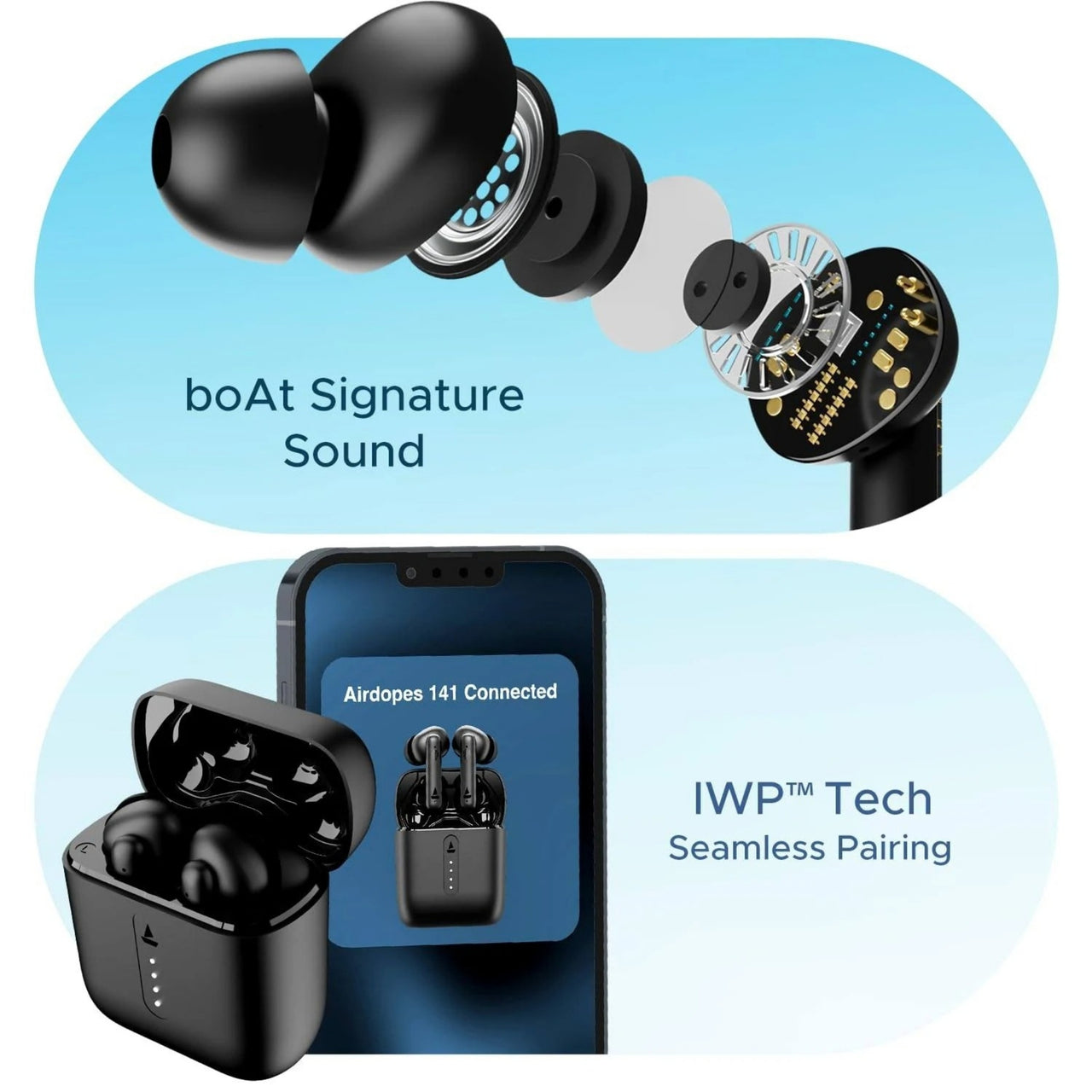 boAt wireless earbuds with charging case and smartphone display on a blue background