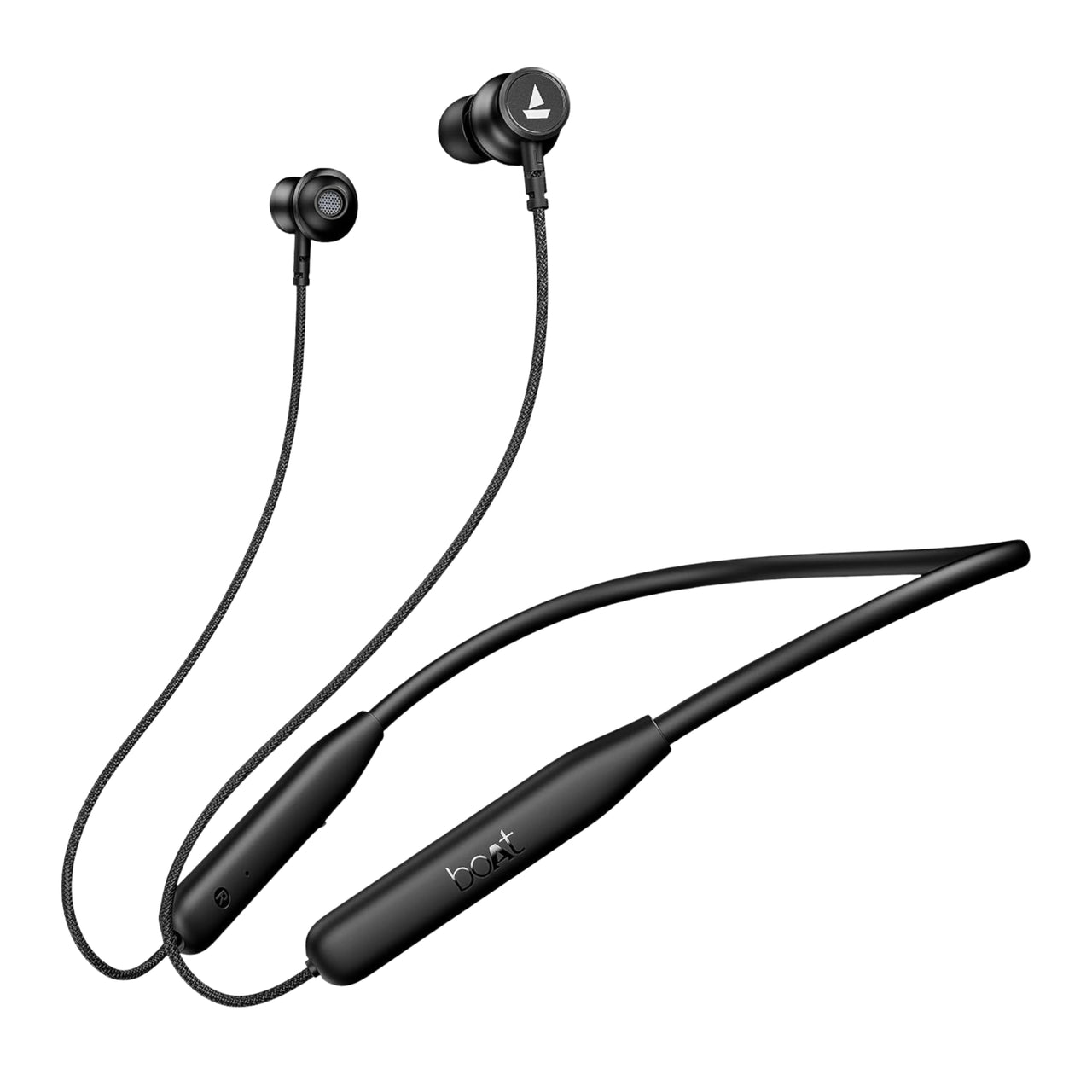 Black wireless earbuds with a neckband on a white background
