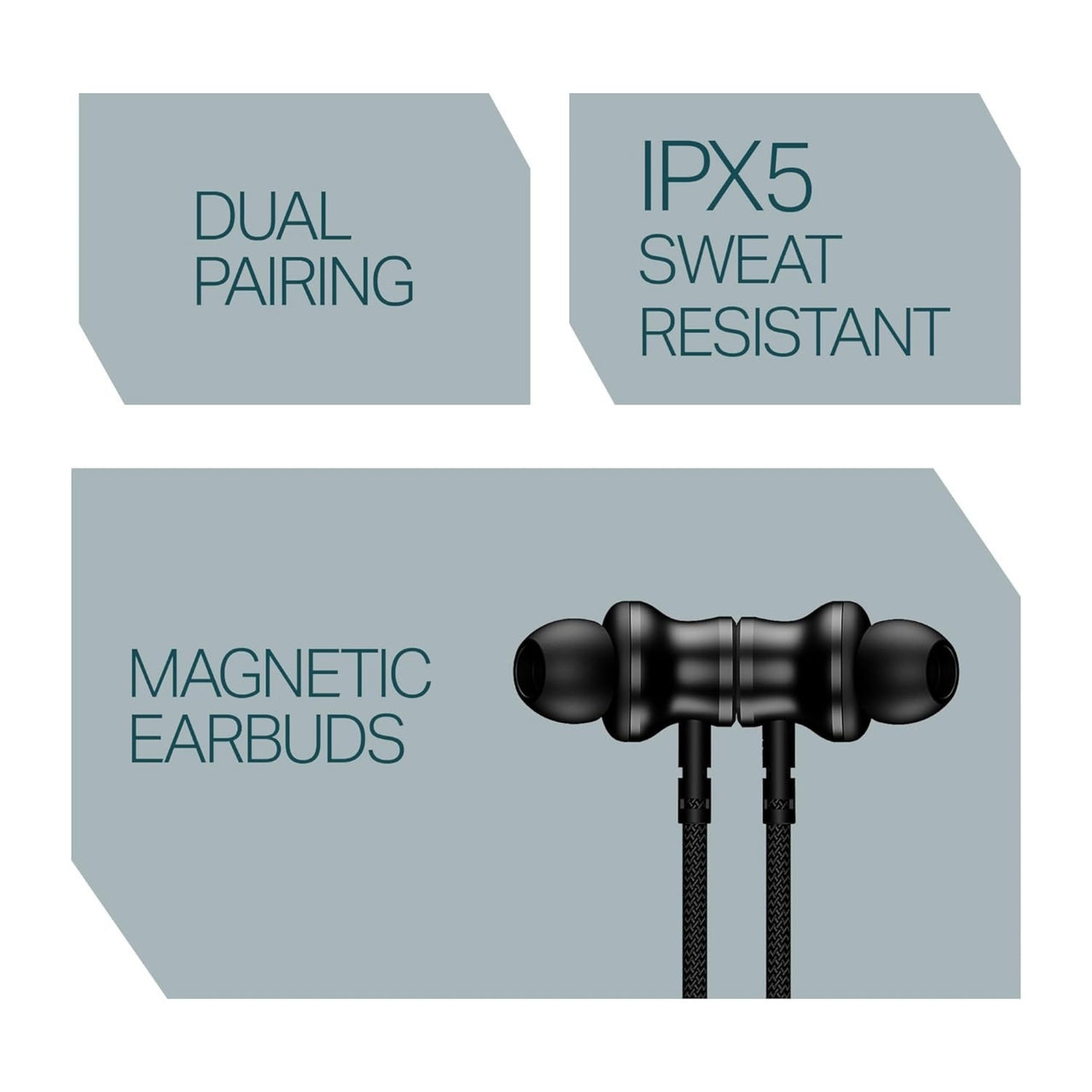 Black magnetic earbuds with feature text on a gray background