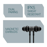 Black magnetic earbuds with feature text on a gray background