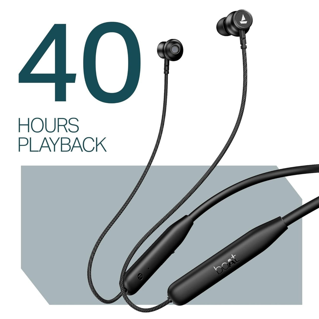 Black wireless earbuds with 40 hours playback text on a white background
