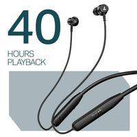 Black wireless earbuds with 40 hours playback text on a white background