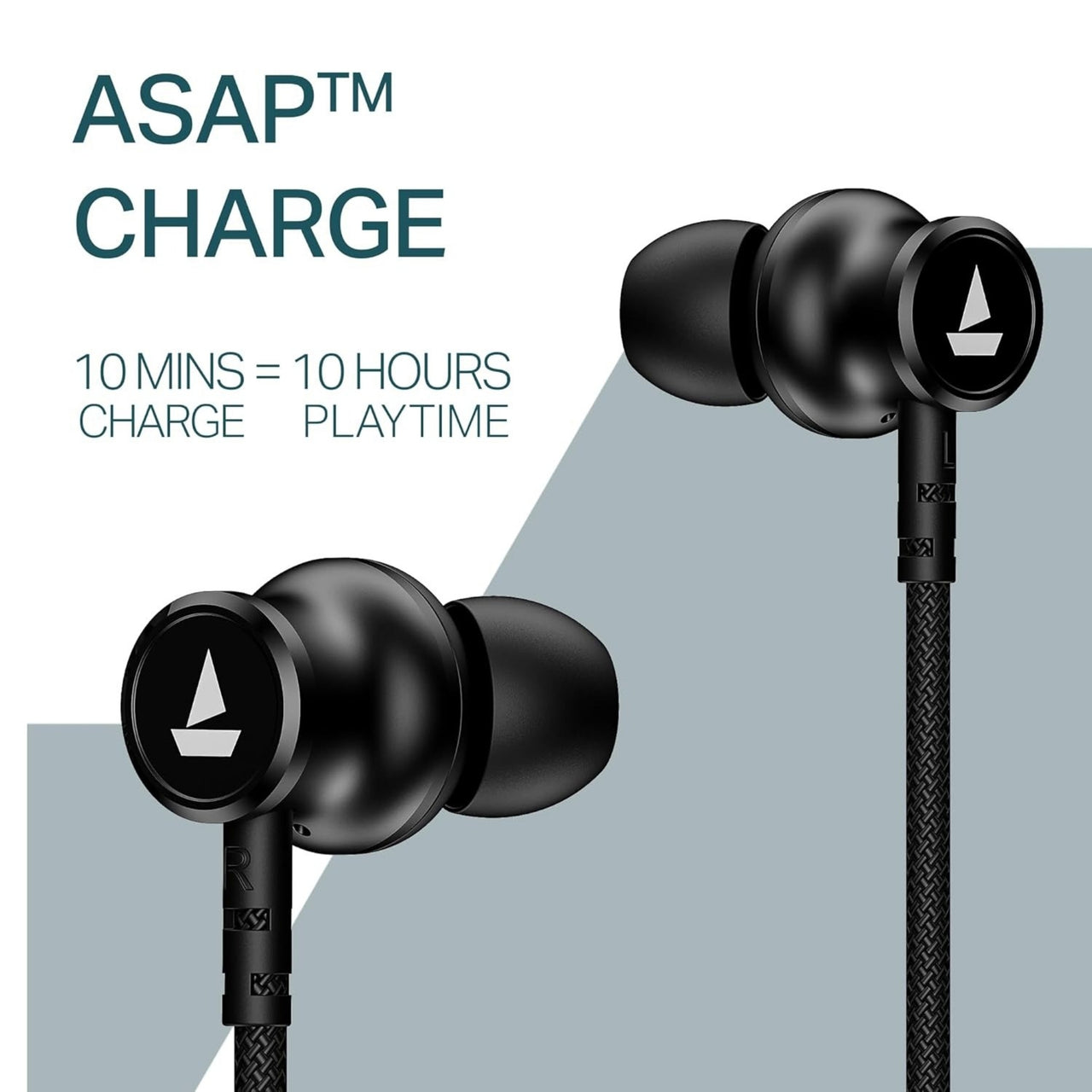 Black earbuds with charging cable on a light gray background, featuring 'ASAP Charge' text.