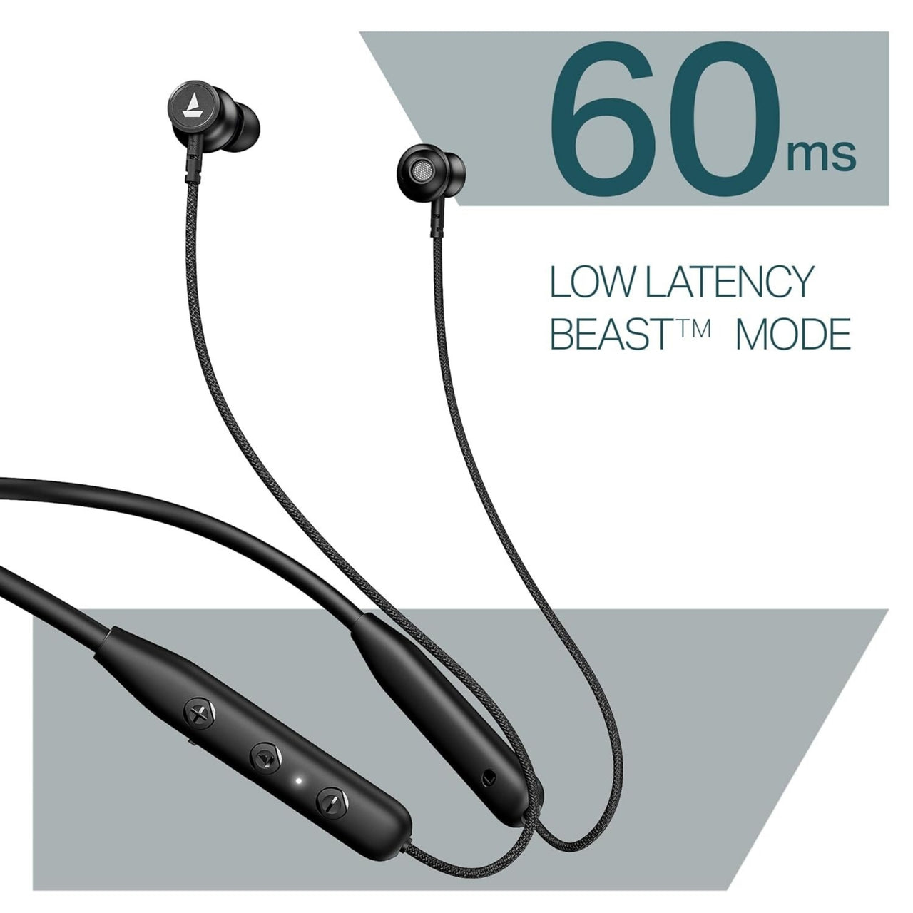 Black wireless earbuds with a cable, displayed on a gray background with text about low latency mode.