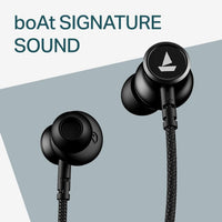 Black earphones with 'boAt' logo on a gray background
