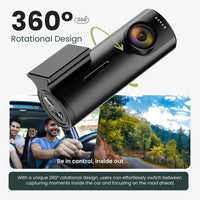 Car camera with 360-degree rotational design, showing road ahead and inside car views.