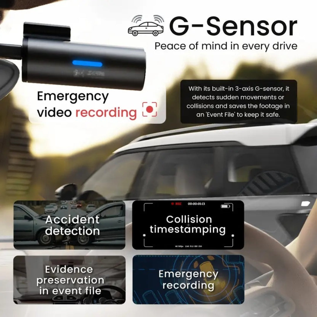 Car dashboard with G-Sensor device displaying features like emergency video recording and collision detection.