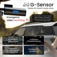 Car dashboard with G-Sensor device displaying features like emergency video recording and collision detection.
