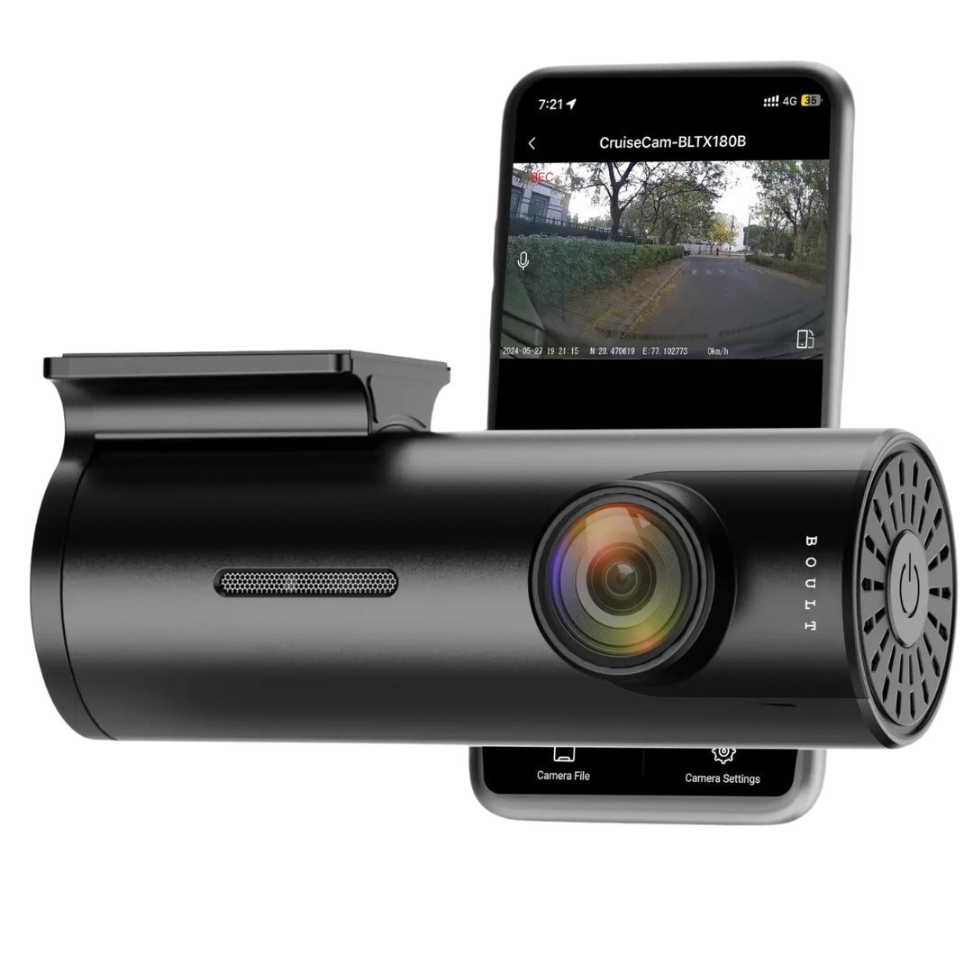 Car dashboard camera with smartphone displaying camera feed on a white background