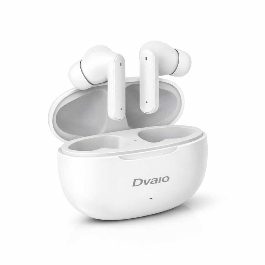 White wireless earbuds with charging case on a white background, featuring the Dvaio brand.