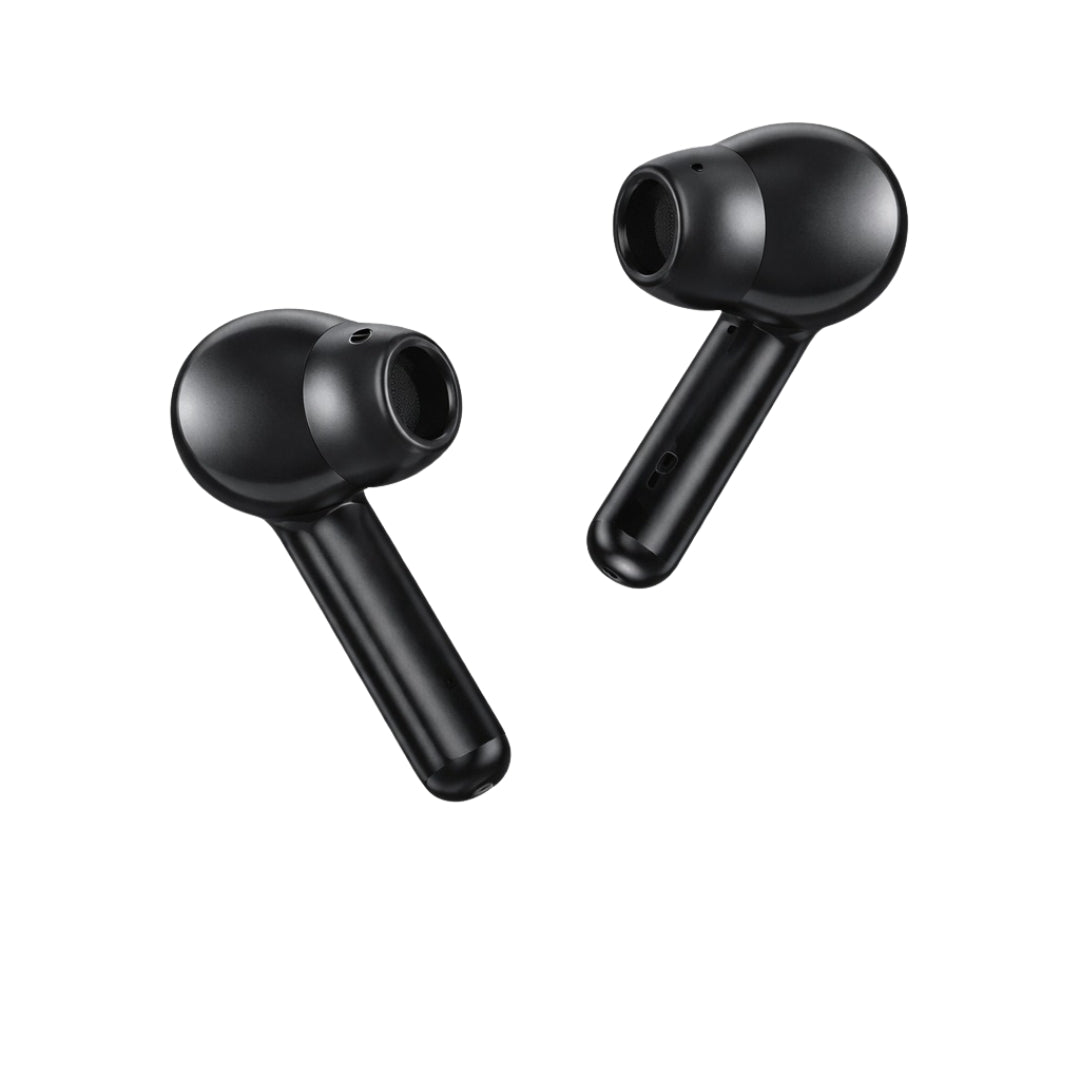 Black wireless earbuds on a white background